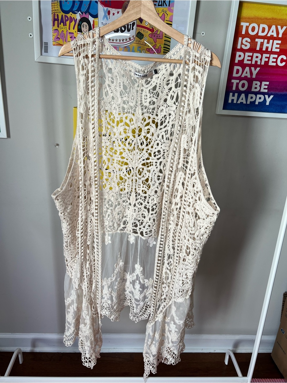 Crochet Lace Open-Front Camisole Vest - Cream